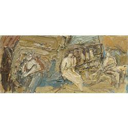 Barry De More (Yorkshire 1948-2023): 'Three Figures Sitting', oil and impasto on board sig...