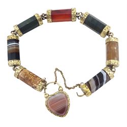Victorian gold agate link bracelet, heart clasp with glazed locket panel to the reverse