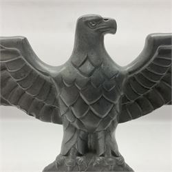 WW2 German cast white metal desk ornament/paperweight as the eagle insignia on later turned mahogany plinth H22cm