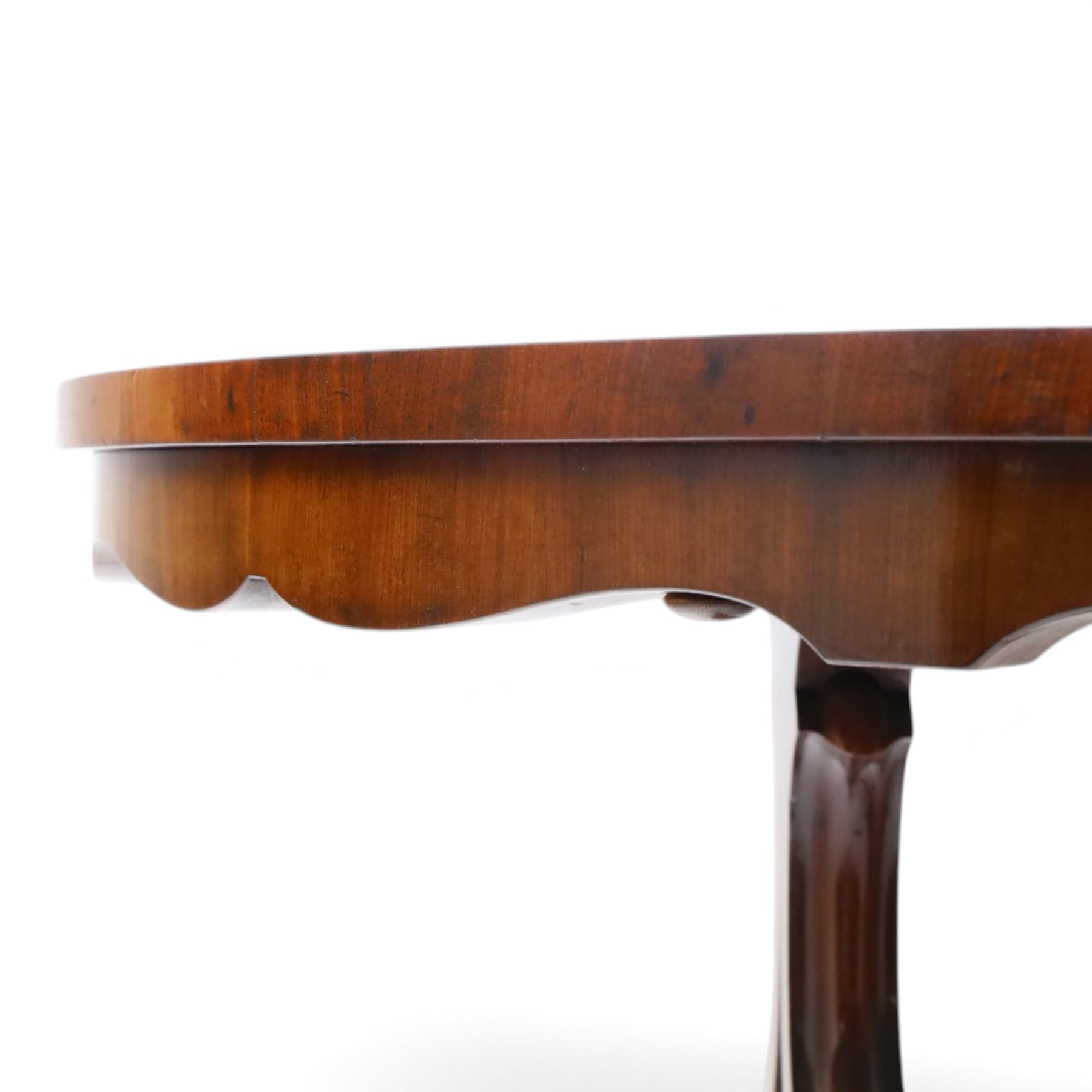 Victorian mahogany breakfast table, oval moulded top over a shaped frieze, on twin pierced lyre-form end supports with moulded scroll feet, united by a turned stretcher, on castors
