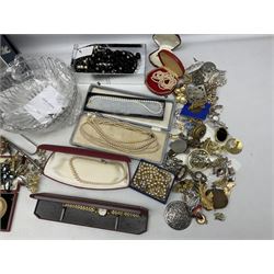Cased set of two gold plated Sheaffer ballpoint pens, Georg Jensen boxed bowl, and quantity of vintage and later costume jewellery to include hallmarked gold cross pendant, other silver jewellery etc