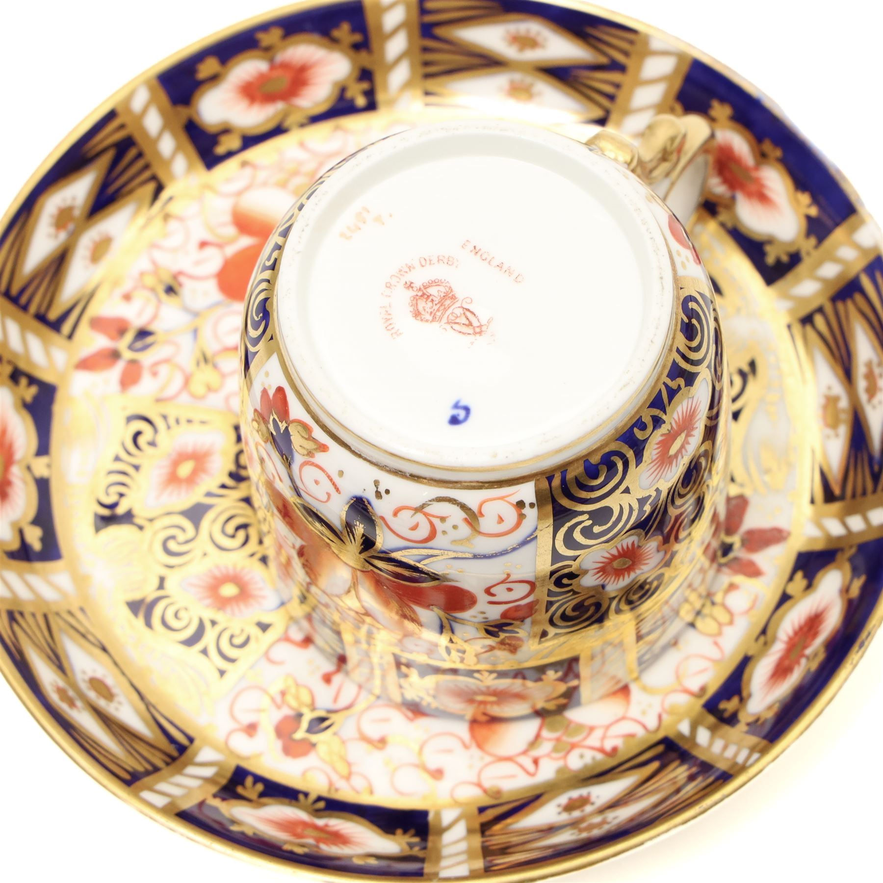 Set of six Royal Crown Derby pattern 2451 teacups and saucers, and two spare saucers (14)