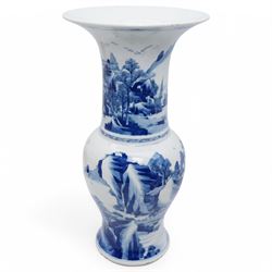 Qing Dynasty Yen Yen blue and white vase in the Kangxi style decorated with a lake landscape surrounded by rocky cliffs, figures in a boat and on the shore H45cm 