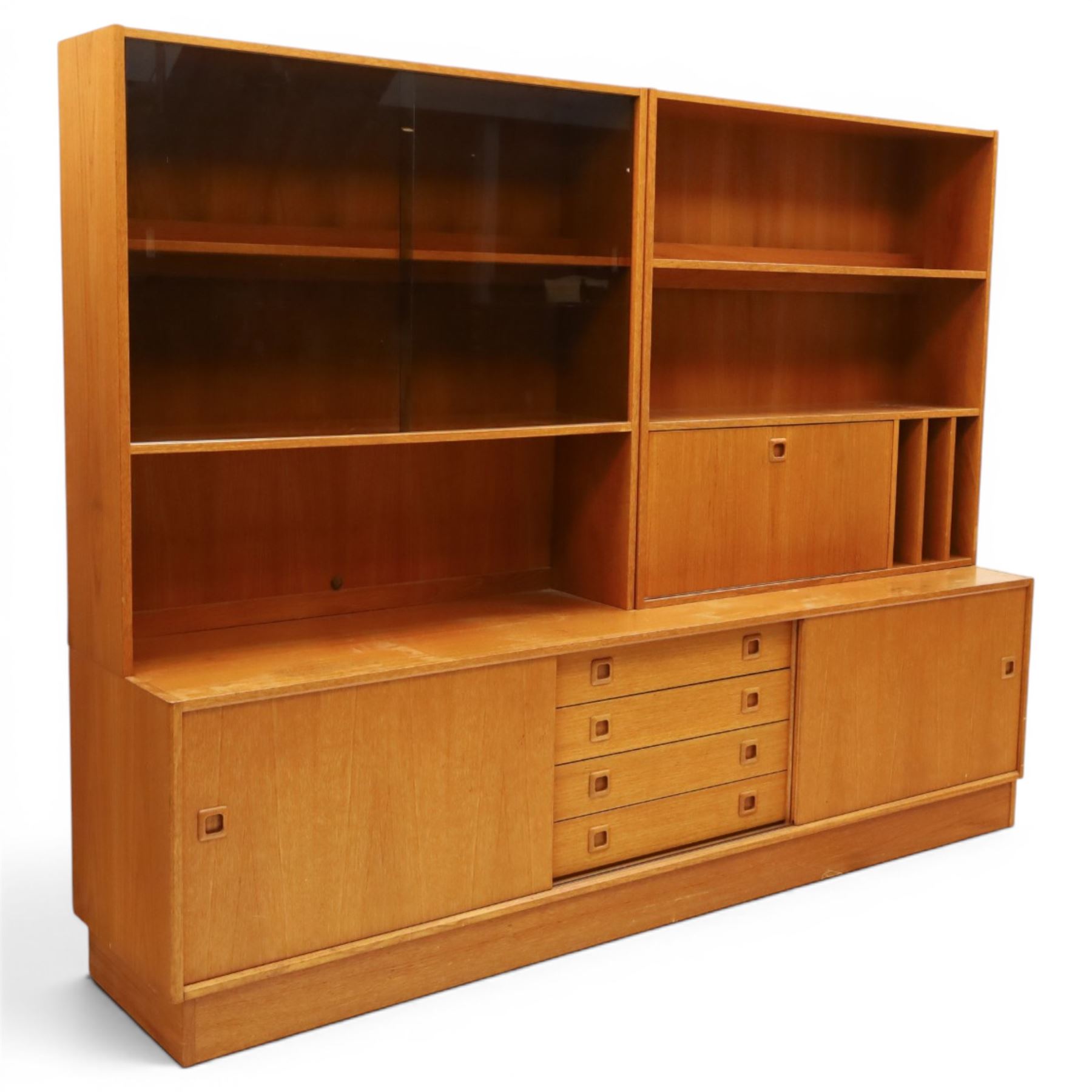 Clausen & Son Silkeborg - Danish 1960s teak highboard wall unit, the upper modular section with open shelves, smoked glass sliding doors and 12