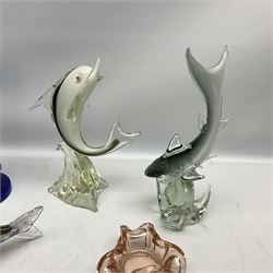 Quantity of art glass to include fish example, shark and dolphin models on stylised bases, Murano style blue vase, other art glass dishes etc