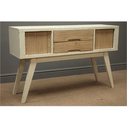  Rustic painted side table, fitted with two drawers and two cupboards and undertier, W90cm, D40cm, H43cm  