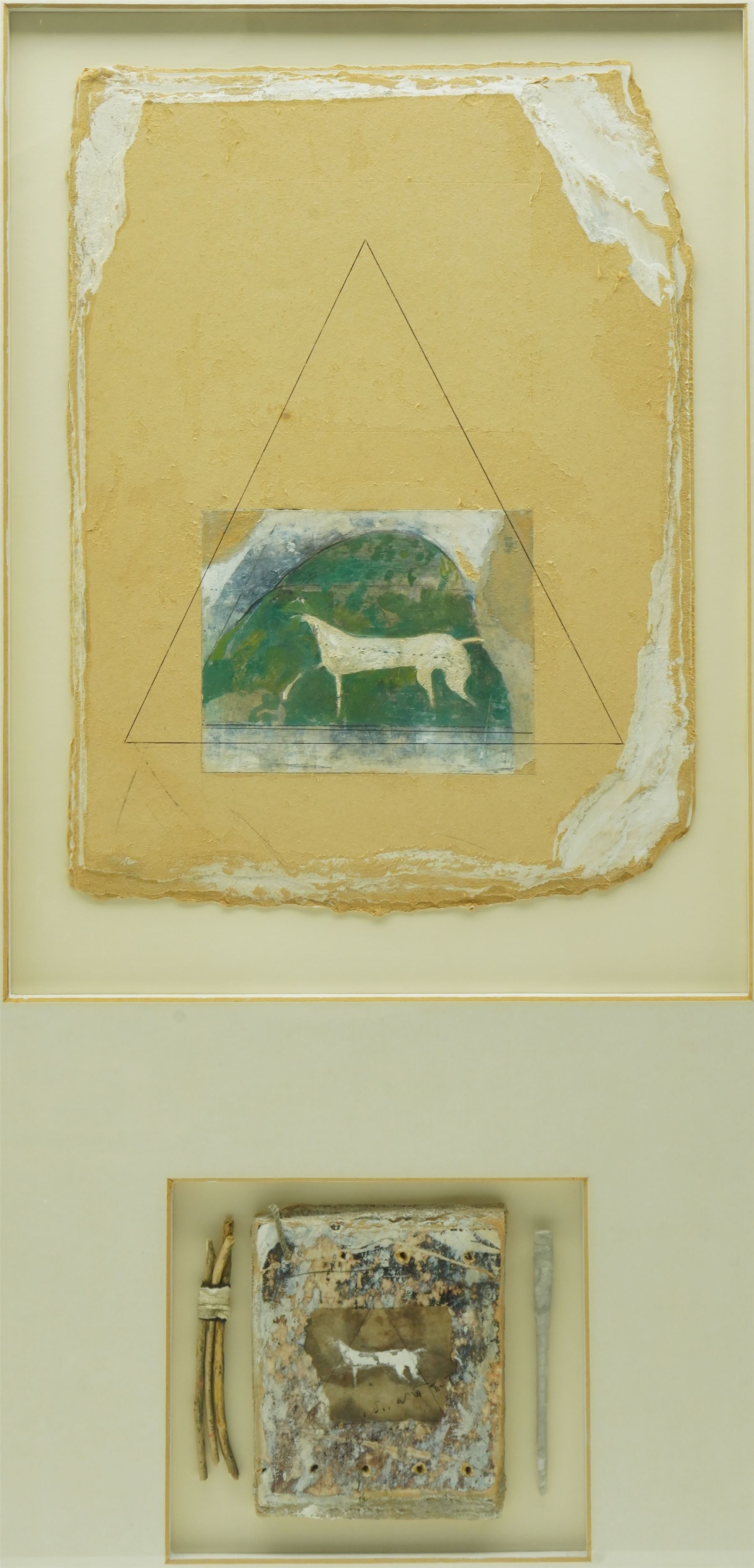 Malcolm Whittaker (British 1937-): 'Chalk Horse Cherhill', mixed media on artist-crafted board signed and titled verso with artist's address label 79cm x 38cm
