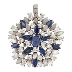 18ct white gold sapphire and diamond pendant, the central oval cabochon sapphire, with marquise cut sapphire and round brilliant cut diamond surround