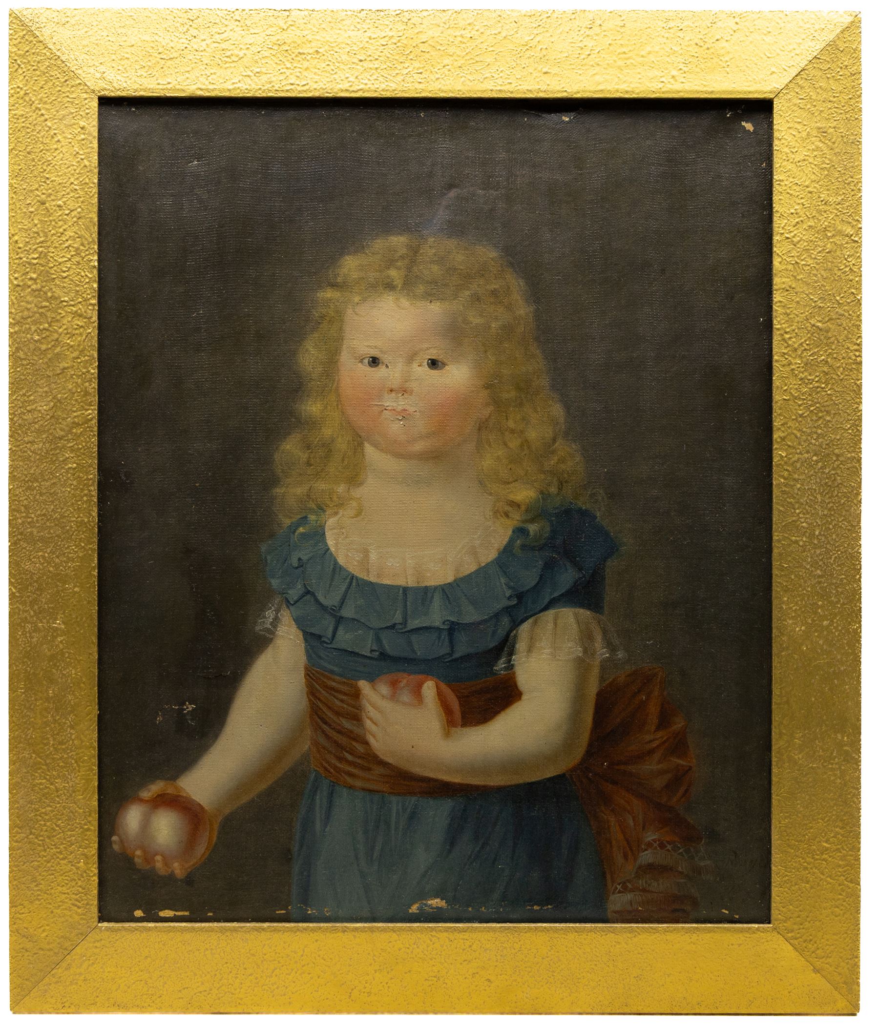 Royer (French 18th century): Portrait of a Girl Holding Peaches, oil on canvas signed and dated 1795, inscribed verso 55cm x 45cm