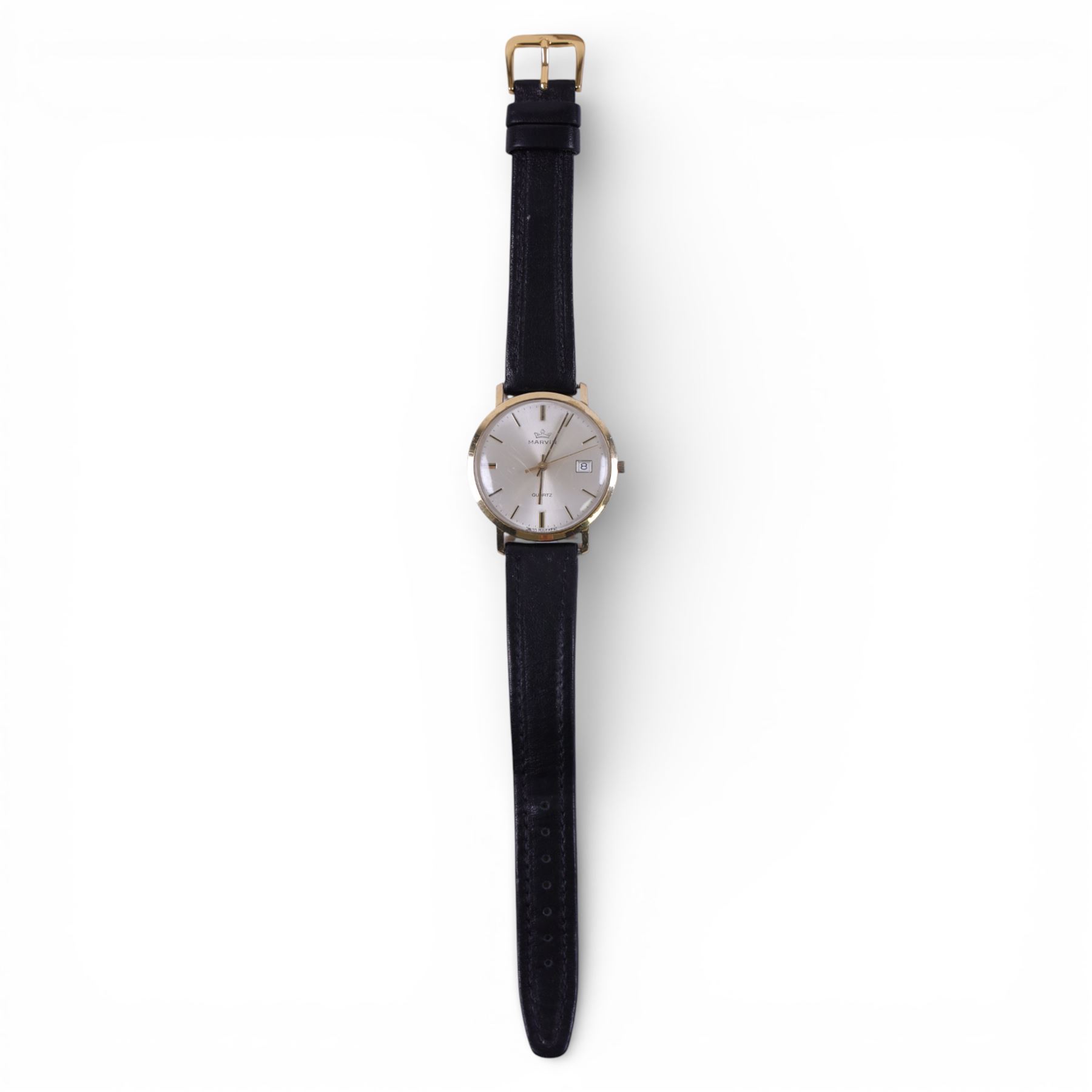 Marvin gentleman's 9ct gold quartz wristwatch, hallmarked, on black leather strap