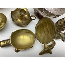 Collection of brassware, to include, kettles, jugs, owl figures etc