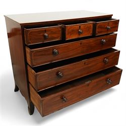 George III mahogany straight-front chest, rectangular top over three short and three long graduating drawers, each with boxwood stringing and corner fan inlay, fitted with turned knob handles, shaped apron and bracket feet