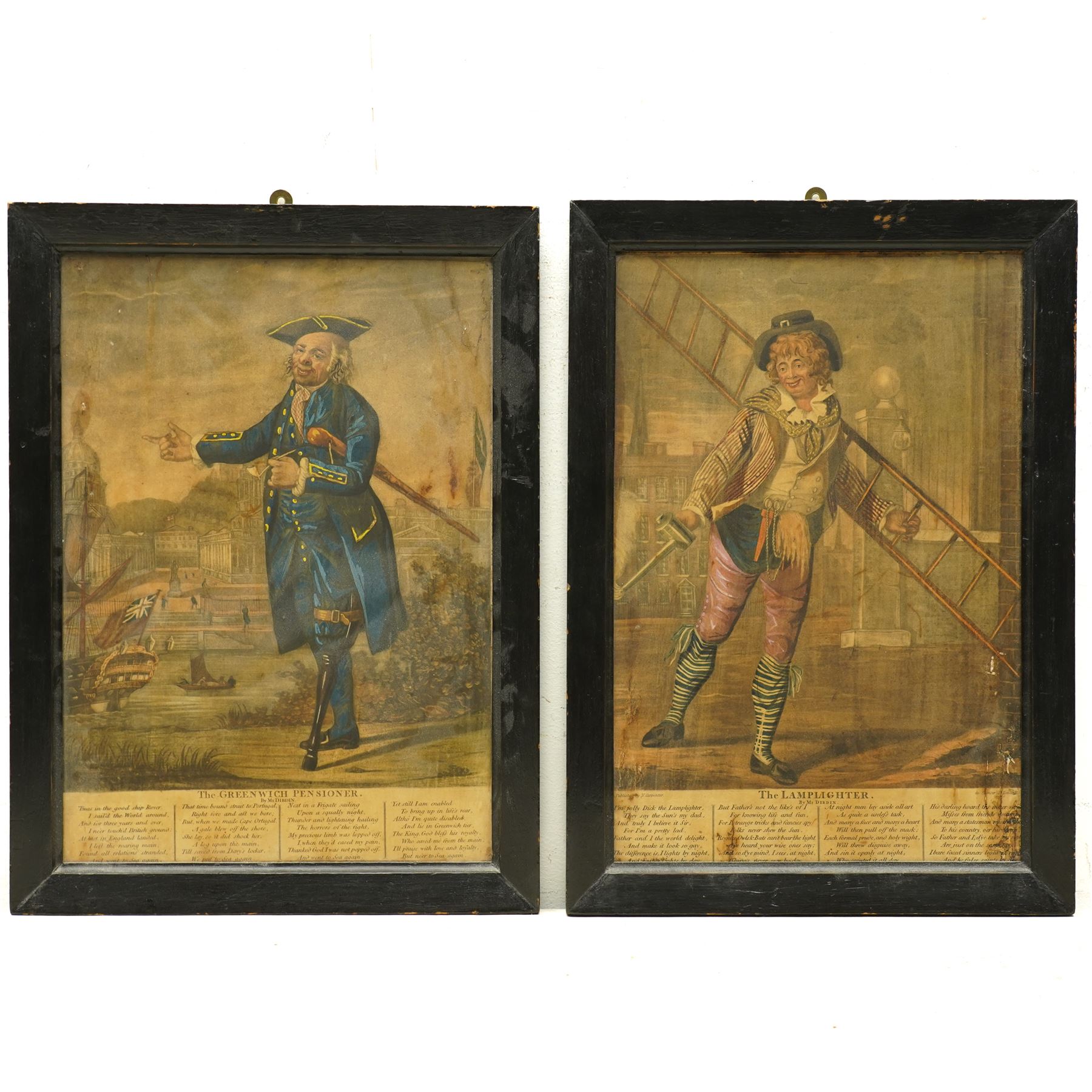 Robert Dighton (British 1752-1814): 'The Lamplighter' and 'The Greenwich Prisoner', pair late 18th century caricature engravings with hand-colouring and poems by  Charles Dibdin pub. Carington Bowles c.1790, 35cm x 24cm (2)