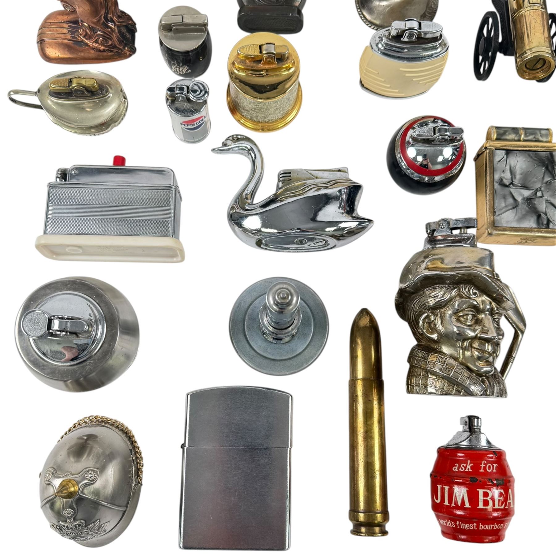 Collection of novelty lighters, including examples modelled as horse, swan, kiwi, bullet, lamppost etc 