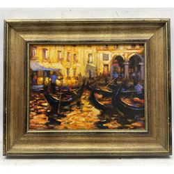John Mackie (Scottish 1953-): 'Gondolas - Venice', oil on canvas signed and dated 2013, 28cm x 38cm 