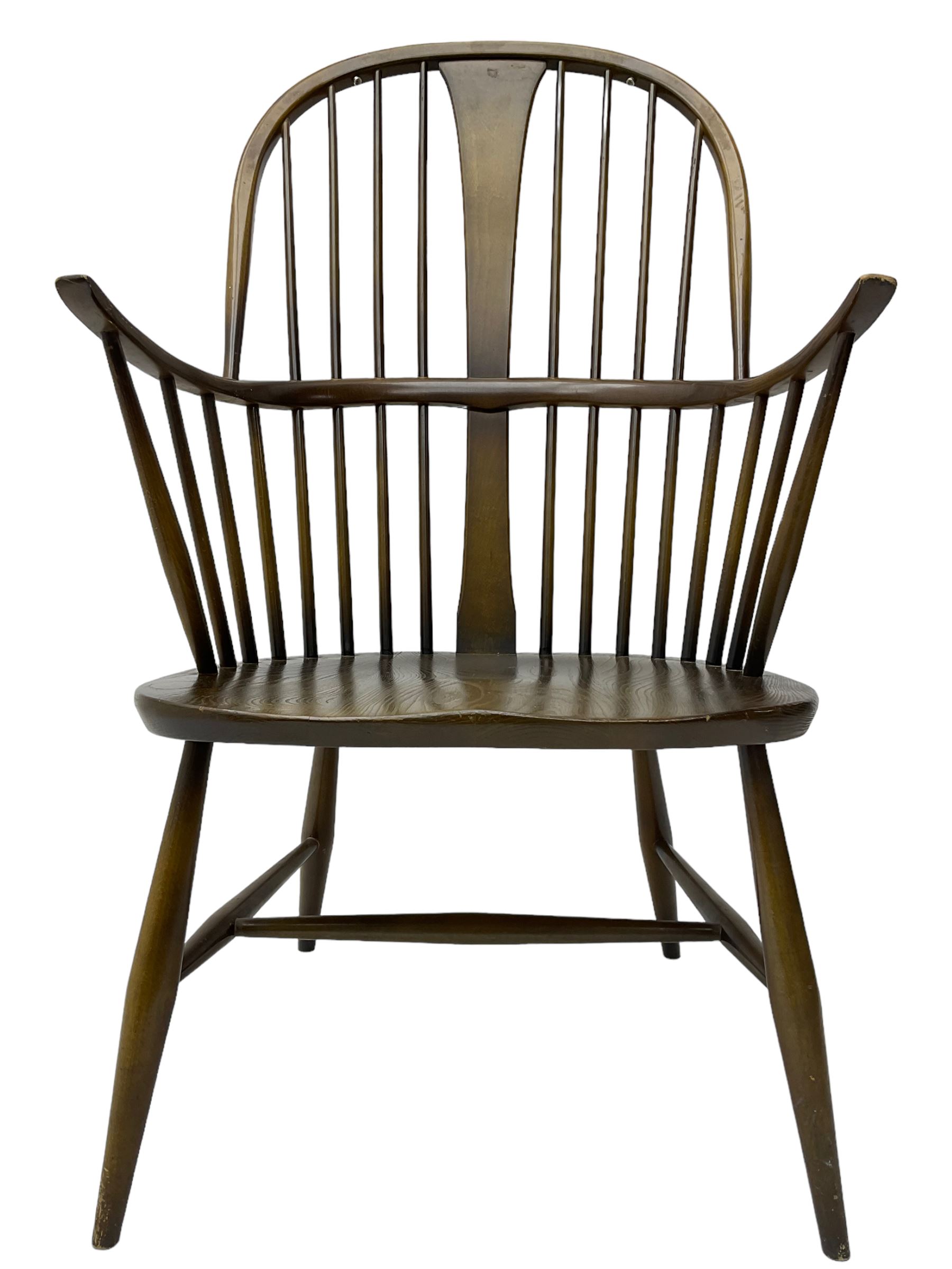 Ercol - 'Windsor' elm and beech high back chair, double hoop and stick back with shaped splat, on splayed turned supports with H stretchers