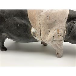 Studio pottery Saddleback pig, with artist signature beneath, H18cm, L39cm