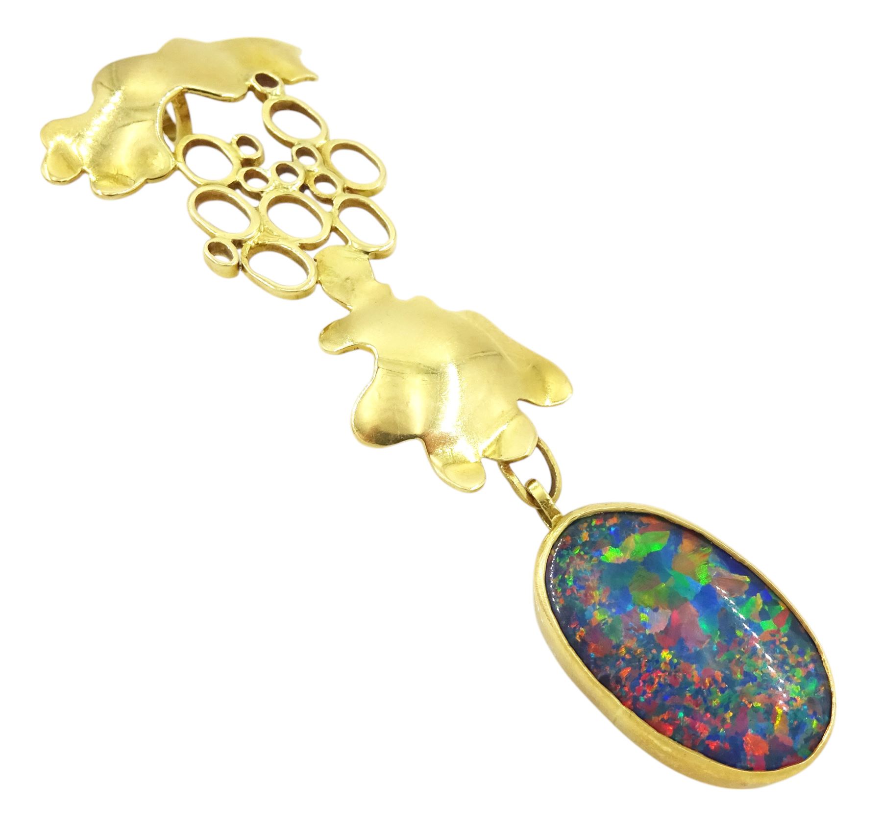 18ct gold opal triplet abstract pendant, makers mark JKC, probably Jacob Kramer College, Sheffield 1972