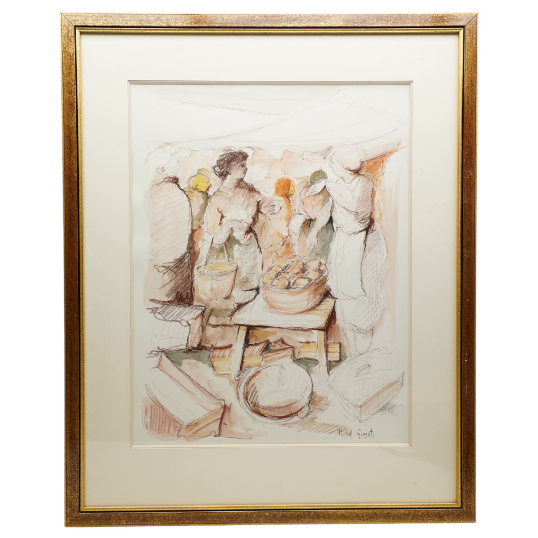 Michel Guyot (French 20th century): Market Scene, watercolour and pastel signed 57cm x 44cm