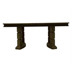 Brunswick - washed oak finish extending dining table, rectangular top with curved ends and carved frieze, central extension leaf, raised on twin pedestals with arched plinth bases and square-sectioned column supports; set of eight (6+2) high-back dining chairs upholstered in beige velvet fabric