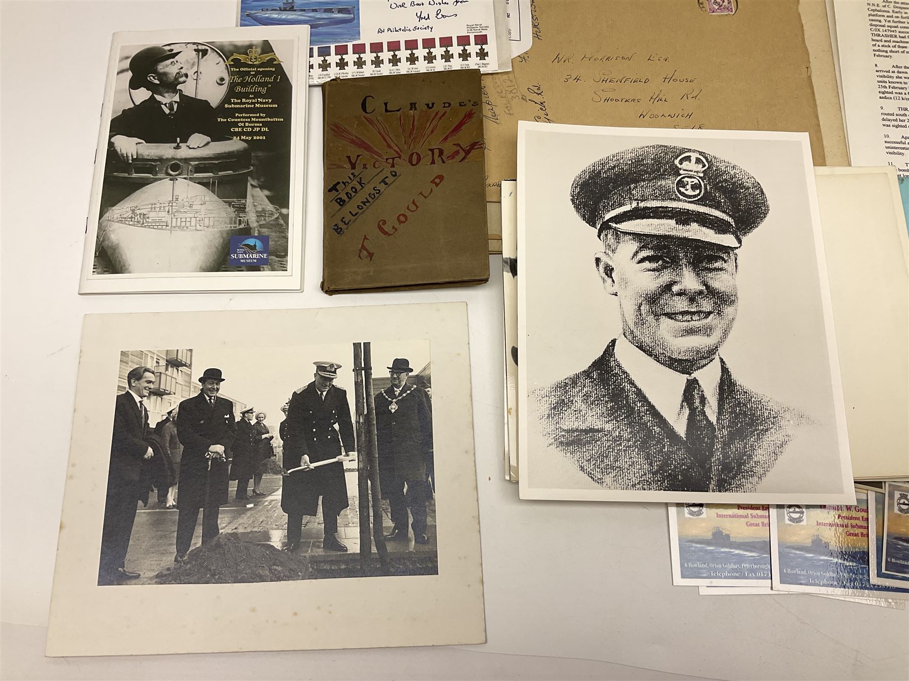 WW2 submarine interest - archive of ephemera and photographs relating to submariner Petty Officer (later Lieutenant) Thomas William Gould V.C. of HMSub Thrasher; predominantly post-war with later copies of contemporary photographs and documents including Certificate of Service in slip-case, War Patrol Reports, First Day Covers, press cuttings, 'For Valour' film script, business cards etc.
Auctioneer's Note: An extract from Gould's VC award citation reads 
