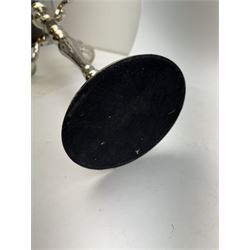 Pair of four branch candelabras, urn-shaped nozzles raised upon scroll branches supported from tapering central stem, with a stepped circular base, H59cm