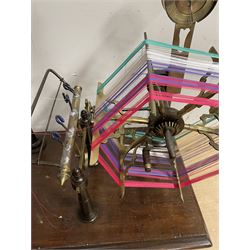 Victorian brass and cast metal wool winder by Goodbrand & Co, Manchester on a mahogany base, L70cm 