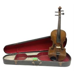 Late 19th century Saxony violin with 36cm one-piece maple back and ribs and spruce top; bears label 'Josef Klotz in Mittenwalde Anno 1795' L60cm overall; in ebonised wooden 'coffin' case