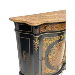 Victorian style simulated boulle work and black lacquered side cabinet, serpentine from with variegated marble top with mould, single drawer over cupboard, decorated with ornate gilt metal mounts