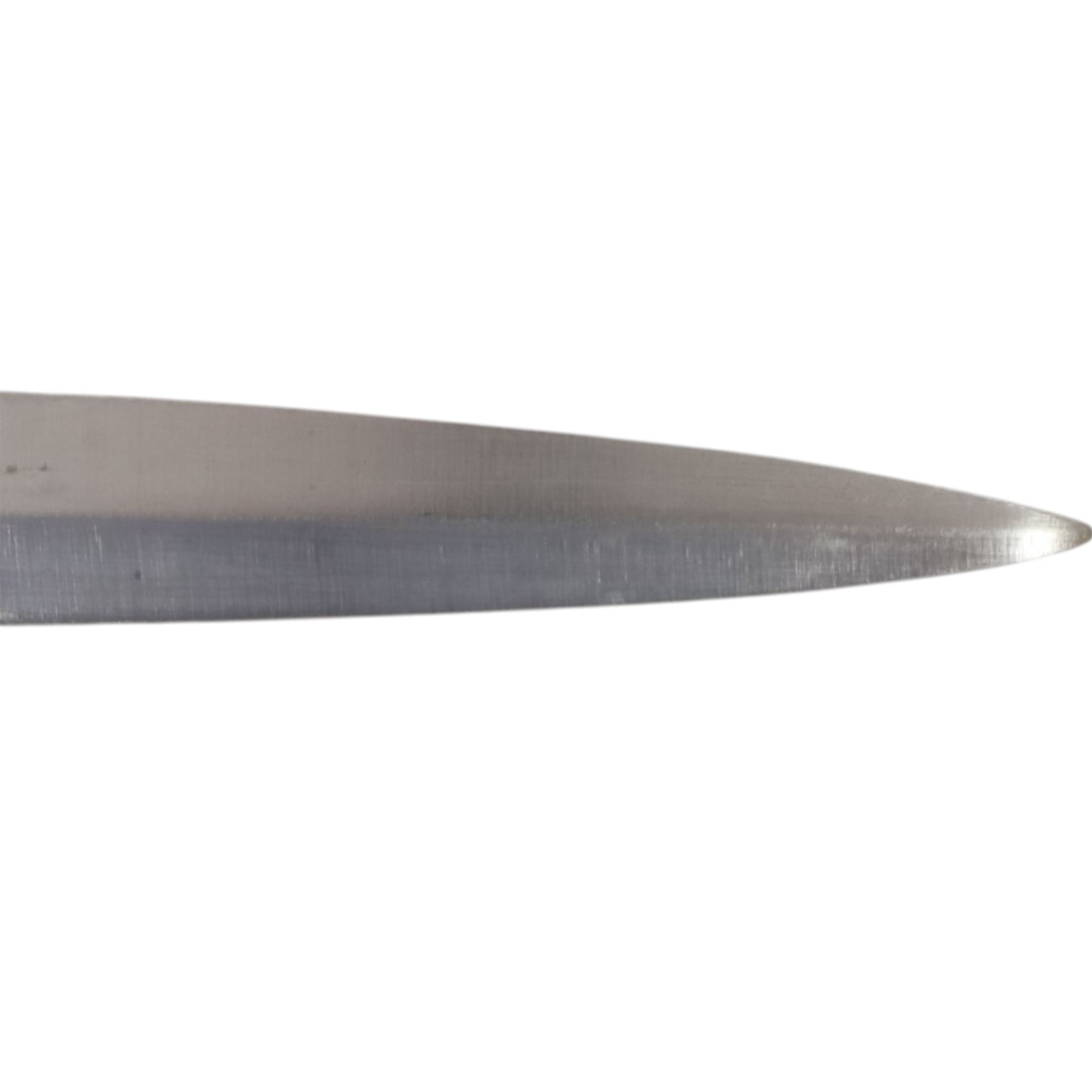 British Commando knife, with 17.5cm double edged blade, with leather scabbard, overall L31cm