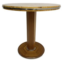 Art Deco design maple and cherry wood pedestal table, circular top with figured quarter matched veneers, mounted by chromed metal band, octagonal pedestal on circular platform base