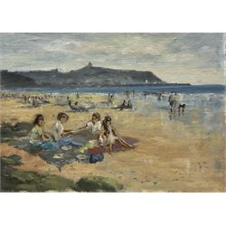 William Burns (British 1923-2010): 'Family Picnic Scarborough', oil on canvas laid on board unsigned, titled verso 25cm x 35cm (unframed)
Provenance: direct from the artist's family. Born in Sheffield in 1923, William Burns RIBA FSAI FRSA studied at the Sheffield College of Art, before the outbreak of the Second World War during which he helped illustrate the official War Diaries for the North Africa Campaign, and was elected a member of the Armed Forces Art Society. On his return to England, he studied architecture at Sheffield University and later ran his own successful practice, being a member of the Royal Institute of British Architects. However, painting had always been his self-confessed 'first love', and in the 1970s he gave up architecture to become a full-time artist, having his first one-man exhibition in 1979.