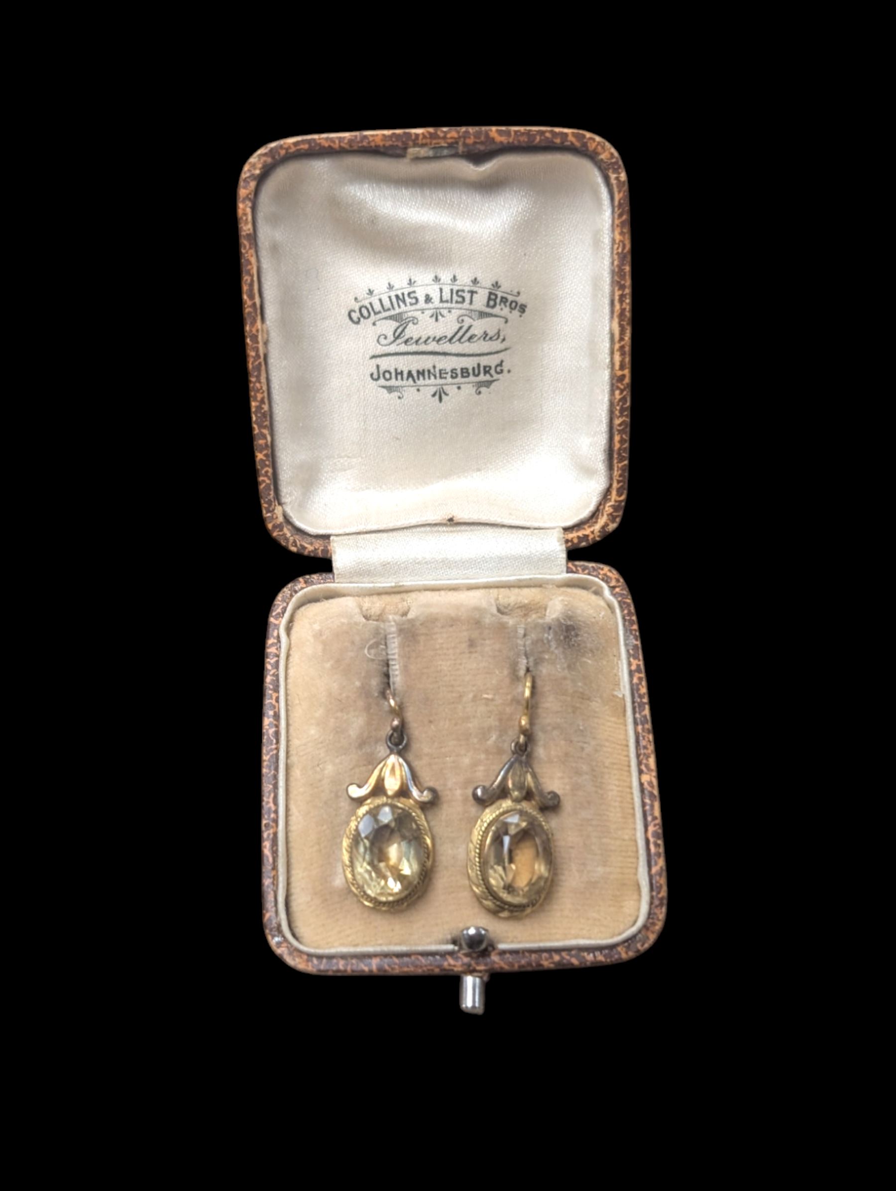 Pair of 15ct gold quartz pendant earrings, stamped 15ct, boxed 