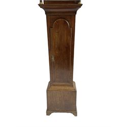 Thomas Wrangles -  early 19th-century oak longcase clock with a swans neck pendulum and three brass finials, glazed hood door flanked by two free standing pilasters, long trunk door with a break-arch top on a square plinth raised on bracket feet, painted dial inscribed T Wrangles Scarboro, dial pinned directly to a 30-hour chain driven count wheel movement striking the hours on a bell.
 With pendulum and weight. 