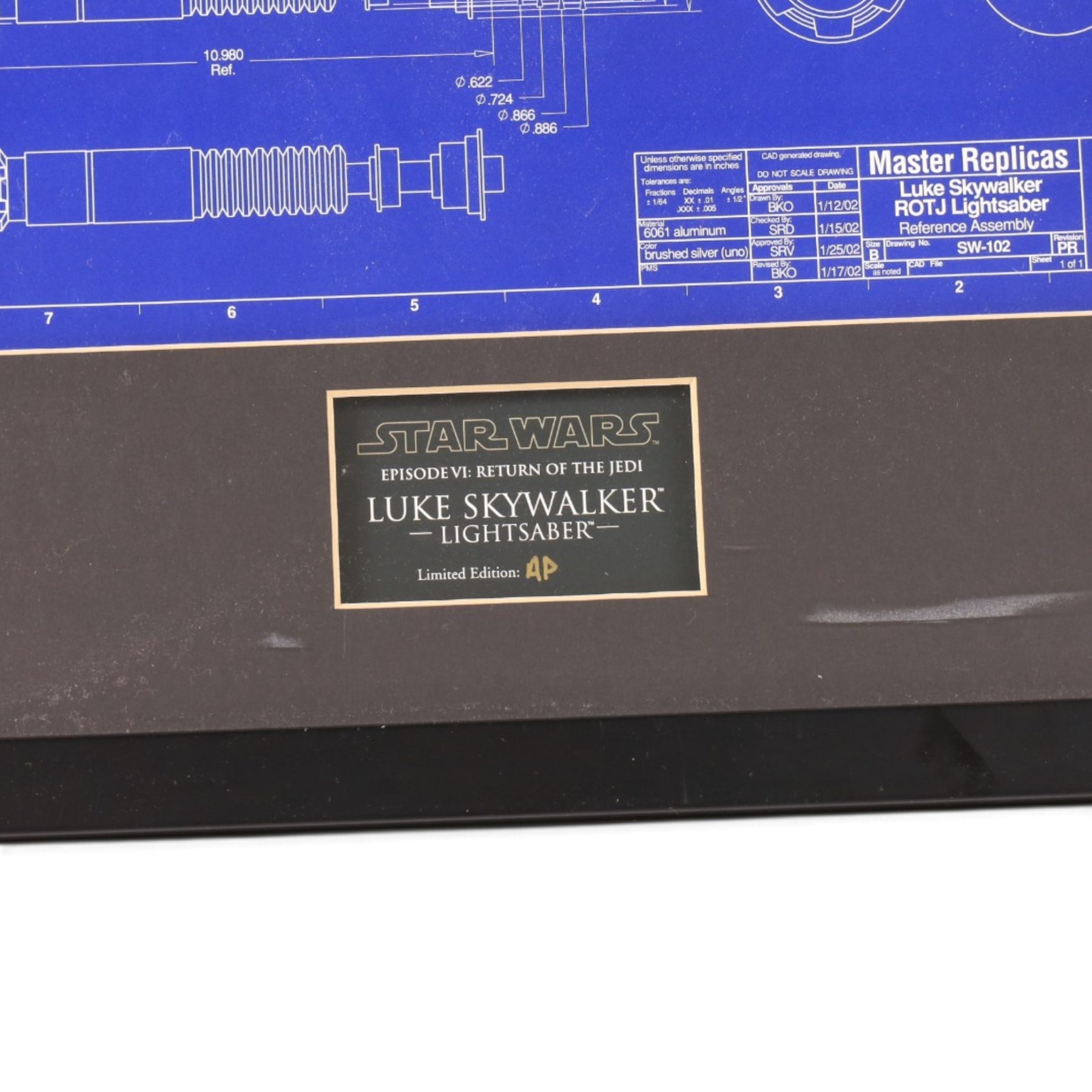 Master Replicas Star Wars Luke Skywalker's Lightsaber no. SW-102,  1:1 scale, in box with outer cardboard sleeve, with certificate, separate acrylic display case and plaque, limited edition no. 2045/2500