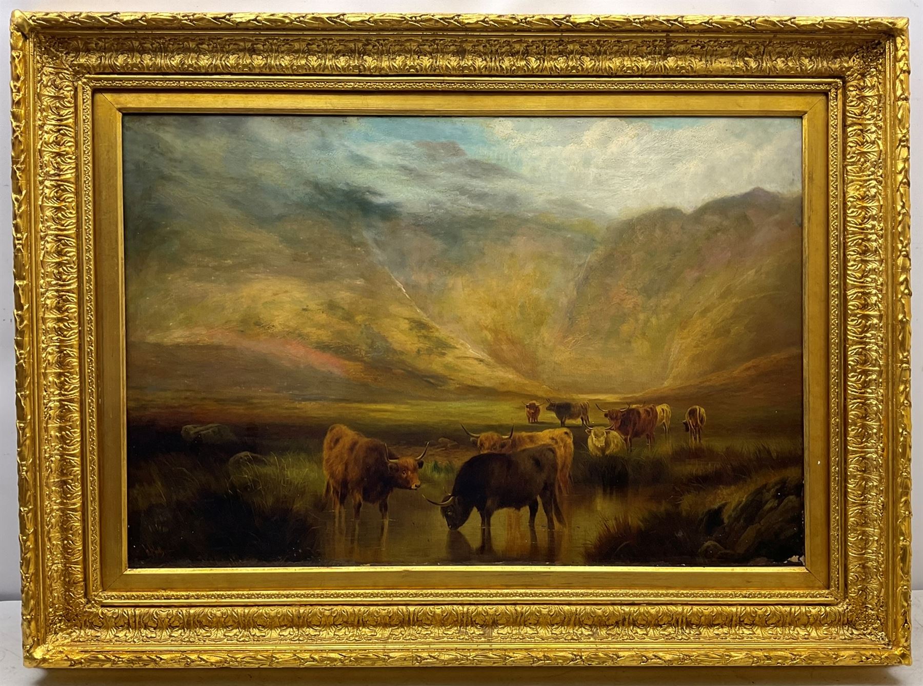William Perring Hollyer (British 1834-1922): Cattle Watering in the Highlands, oil on canvas signed 60cm x 90cm