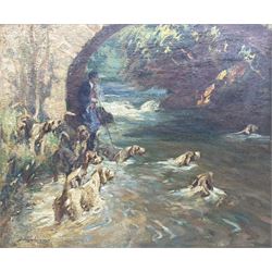 George Mortram Moorhouse (British 1882-1960): Huntsman and Hounds at 'The Kent - Hawes Bridge' Yorkshire Dales, oil on canvas signed and dated 1938, original title label with artist's Helsington, Kendal address verso 50cm x 60cm 
Notes: Moorhouse, often misspelled George Mottram Moorhouse, was a pupil of Sir William Orpen, Sir Frank Brangwyn, and Augustus John.