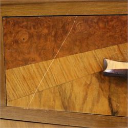 Art Deco figured and burr walnut chest, raised back over rectangular top, fitted with two short over two long drawers with decorative veneer and handles, on shaped bracket feet