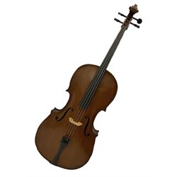 Modern Romanian student's three-quarter size cello with 70cm two-piece maple back and ribs and spruce top, bears label 'Musikinstrumentenfabrik Reghin Romania' L115cm overall