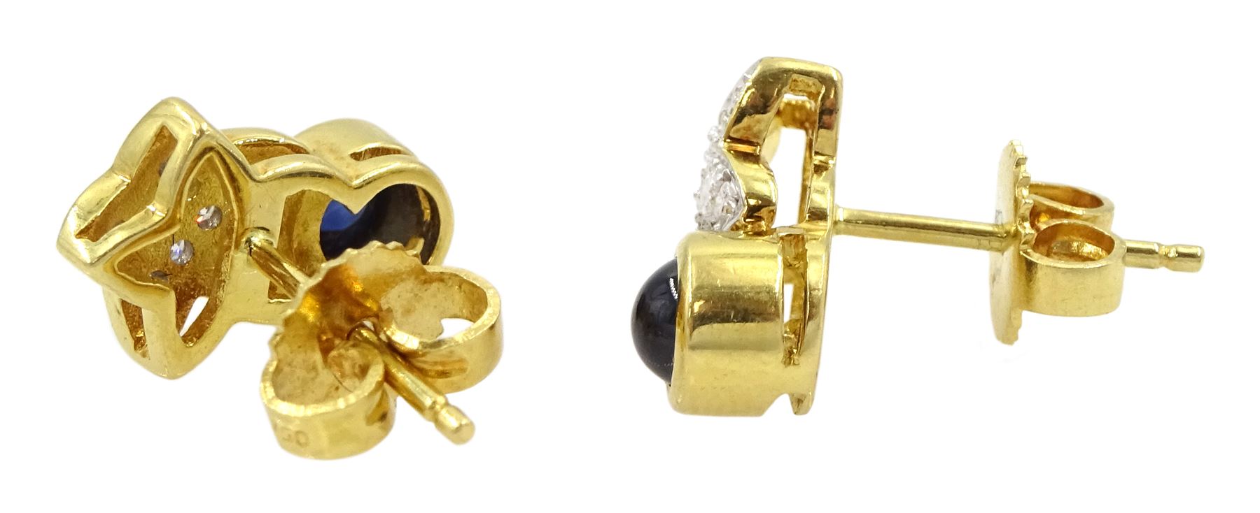 Pair of 18ct gold sapphire and diamond earrings, each stud pave set with round brilliant cut diamonds, suspending a single cabochon cut sapphire, stamped 750