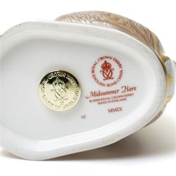 Royal Crown Derby 'Midsummer Hare' paperweight, with gold stopper, boxed, H17cm 