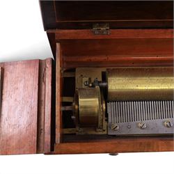 19th century Swiss rosewood music box, with boxwood foliate inlaid and strung rectangular top, with cylinder and comb movement stamped Henriot, Geneve, serial no. 14818, H13cm, W50cm