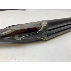 Smith Midgley Bradford 12-bore side-by-side double barrel side-lock ejector shotgun with 71cm barrels, engraved action with patented top lever, ivy leaf fences and top safety, walnut stock with chequered grip and fore-end, serial no.62409 to barrels and 1481 to action, L115cm overall SHOTGUN CERTIFICATE REQUIRED