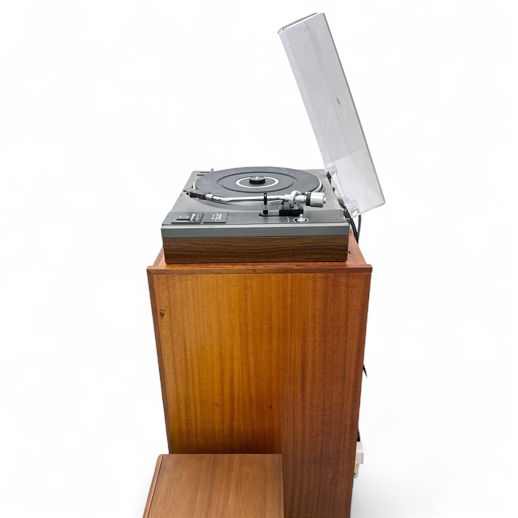 Vintage teak hi-fi cabinet comprising Realistic SCT-90 tape deck, STA 2270 receiver, Optimus 45 stereo speakers, Pioneer PL-1120 turntable,  Panasonic DVD 535 player 
