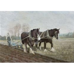 J Blackman (20th century): Heavy Horses Ploughing, oil on canvas board signed 29cm x 39cm