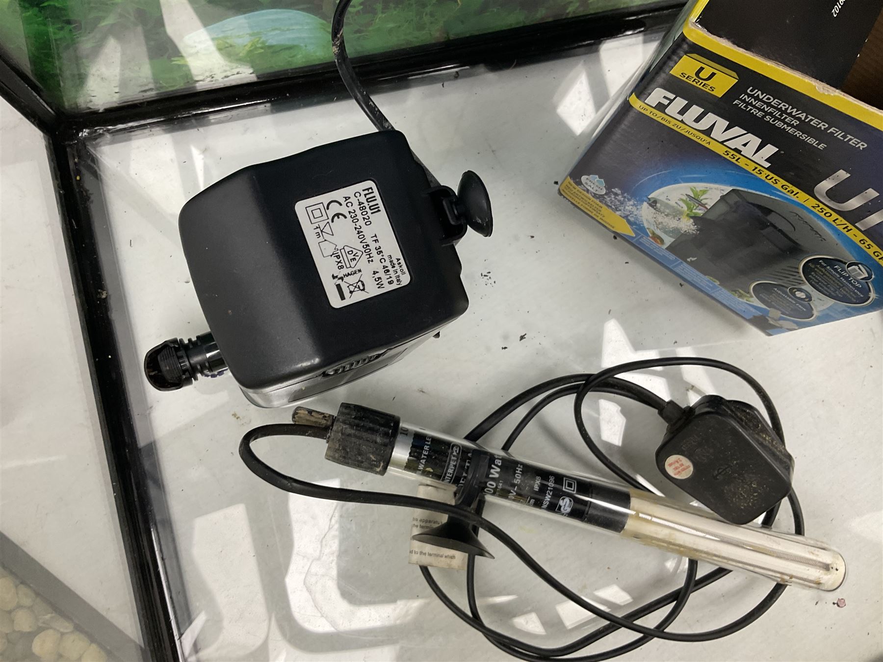 Two fish aquariums, comprising Interpet Aquapod LED starter kit 45l and PAH Fishbox 48l, with various accessories, tallest H40cm