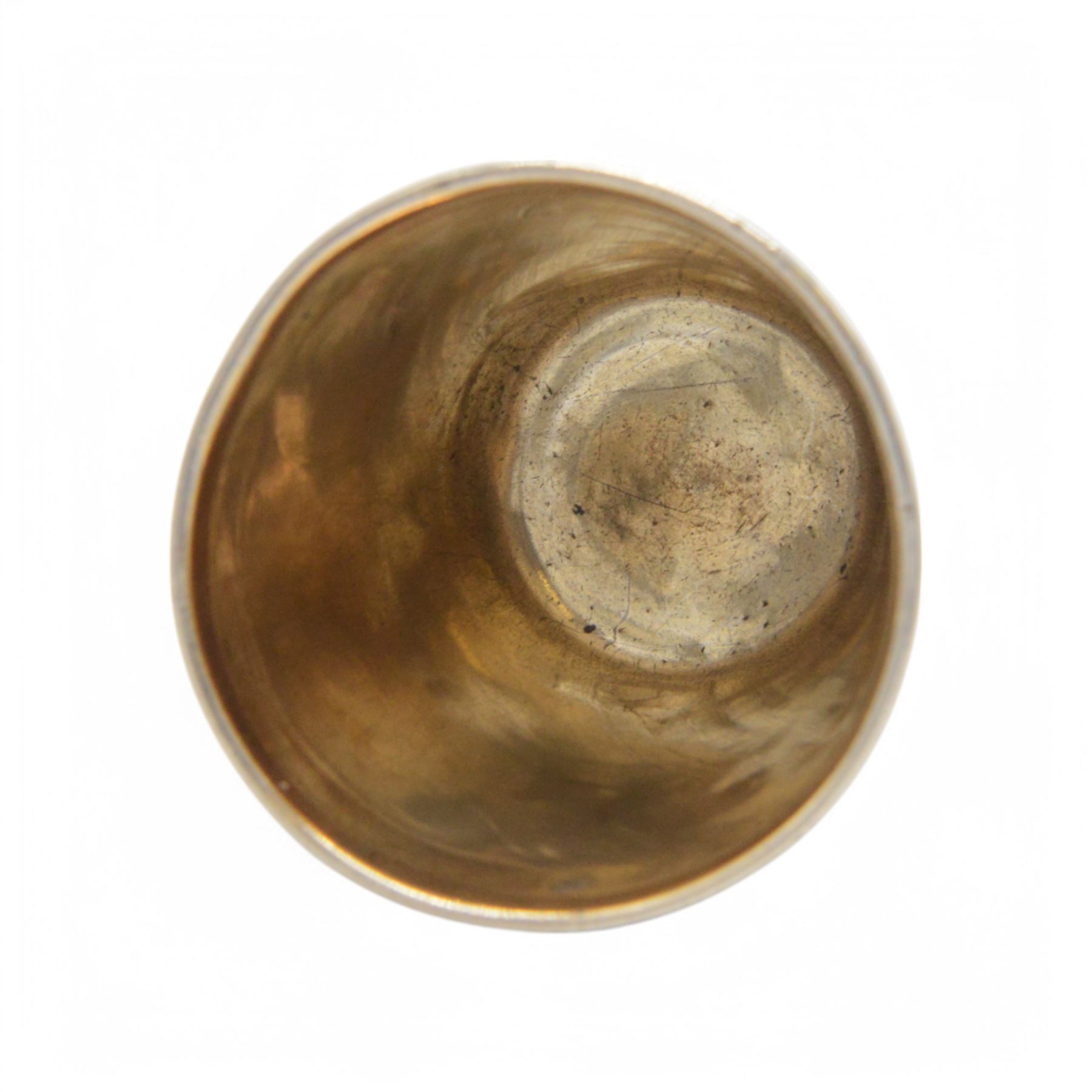 Early 20th century French silver wine tasting beaker, slightly tapered form with gilt interior, the body decorated with engraved monogram and engine turned pattern with makers mark for Emile Puiforcat, H6cm