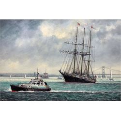 Jack Rigg (British 1927-2023): Departure of the 'Sail Training Ship Winston Churchill' from Hull on the River Humber, oil on canvas board signed and dated 1987, titled and dated Sat 23rd May 1987 verso 44cm x 65cm