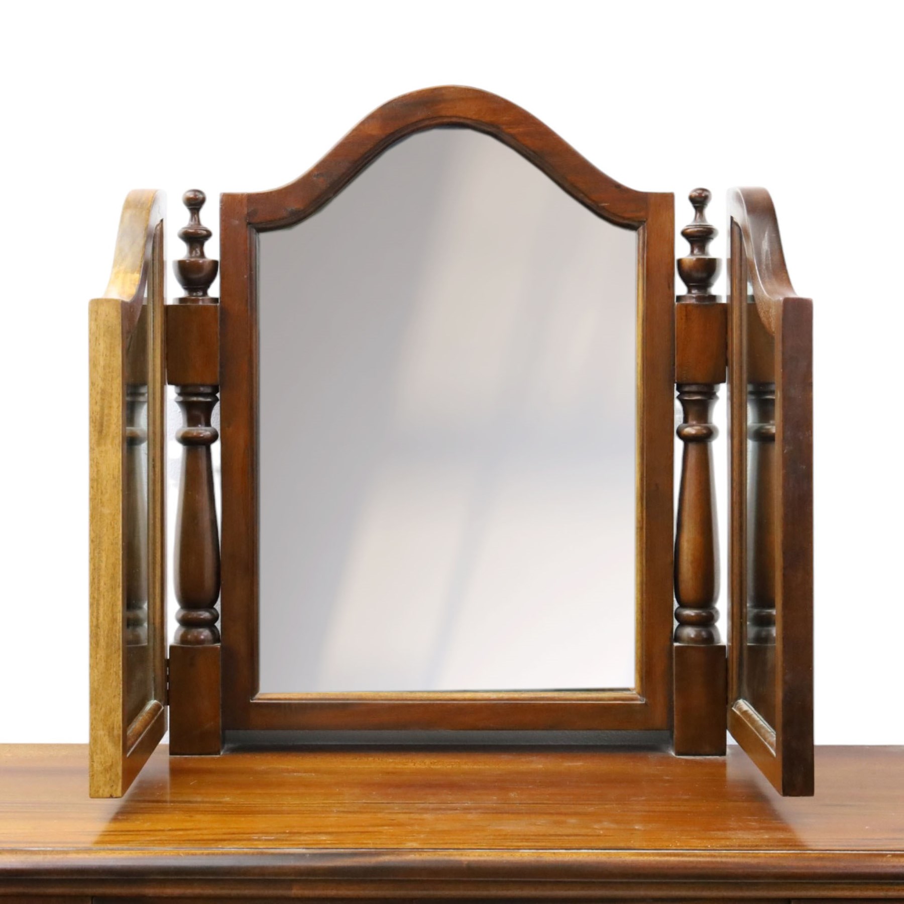 Willis & Gambier - cherrywood dressing table with mirror and stool, three-part mirror on turned uprights with finials, rectangular top above three cushion-moulded frieze drawers, twin pedestals each fitted with three graduated drawers, panelled sides and stepped plinth bases, stool with turned supports and padded seat