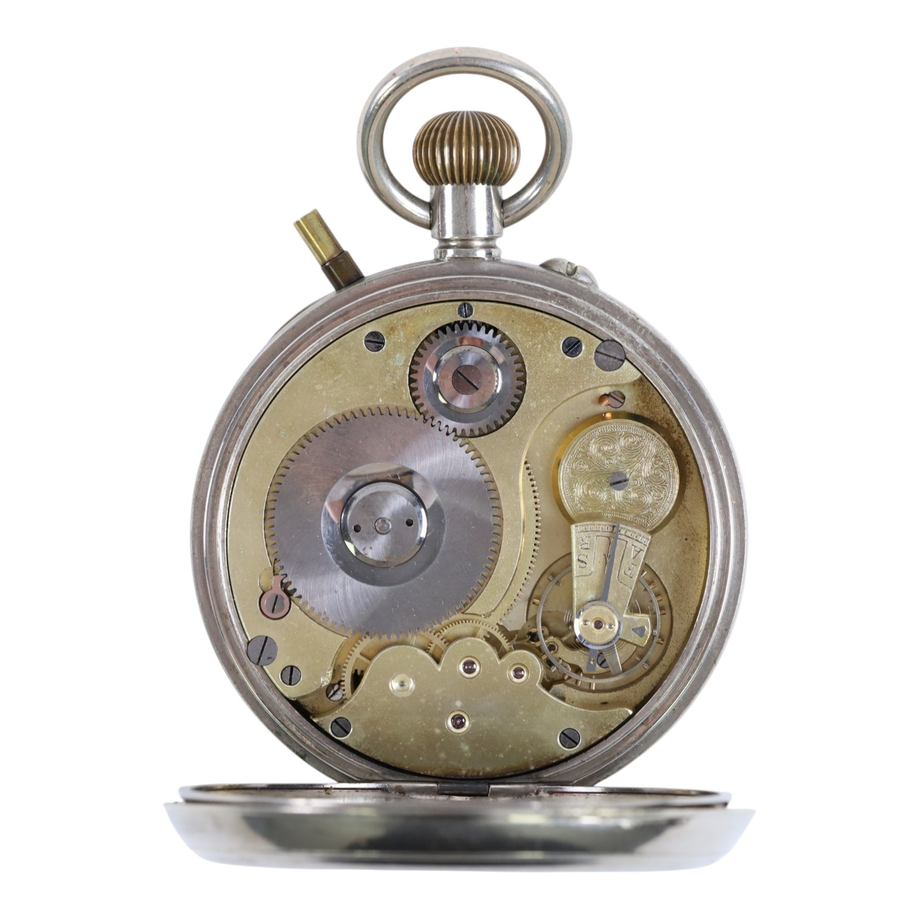 Early 20th century goliath keyless Swiss lever pocket watch by M M & Co, patent No. 10292, with light attachment, white enamel dial with Arabic numerals and subsidiary seconds dial, case No. 3202718